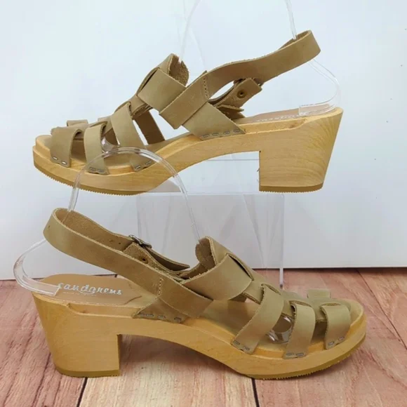 SANDGRENS *NEW* Slingback Fisherman Sandal Wooden Clogs Tan Leather Buck…